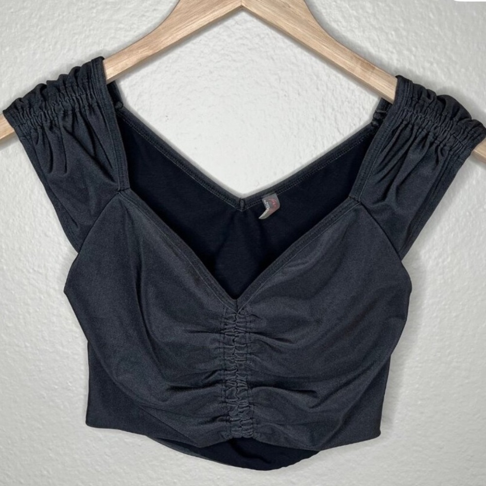 Free People Movement Breathe Deeper Black Ruched Crop Tank Top XS